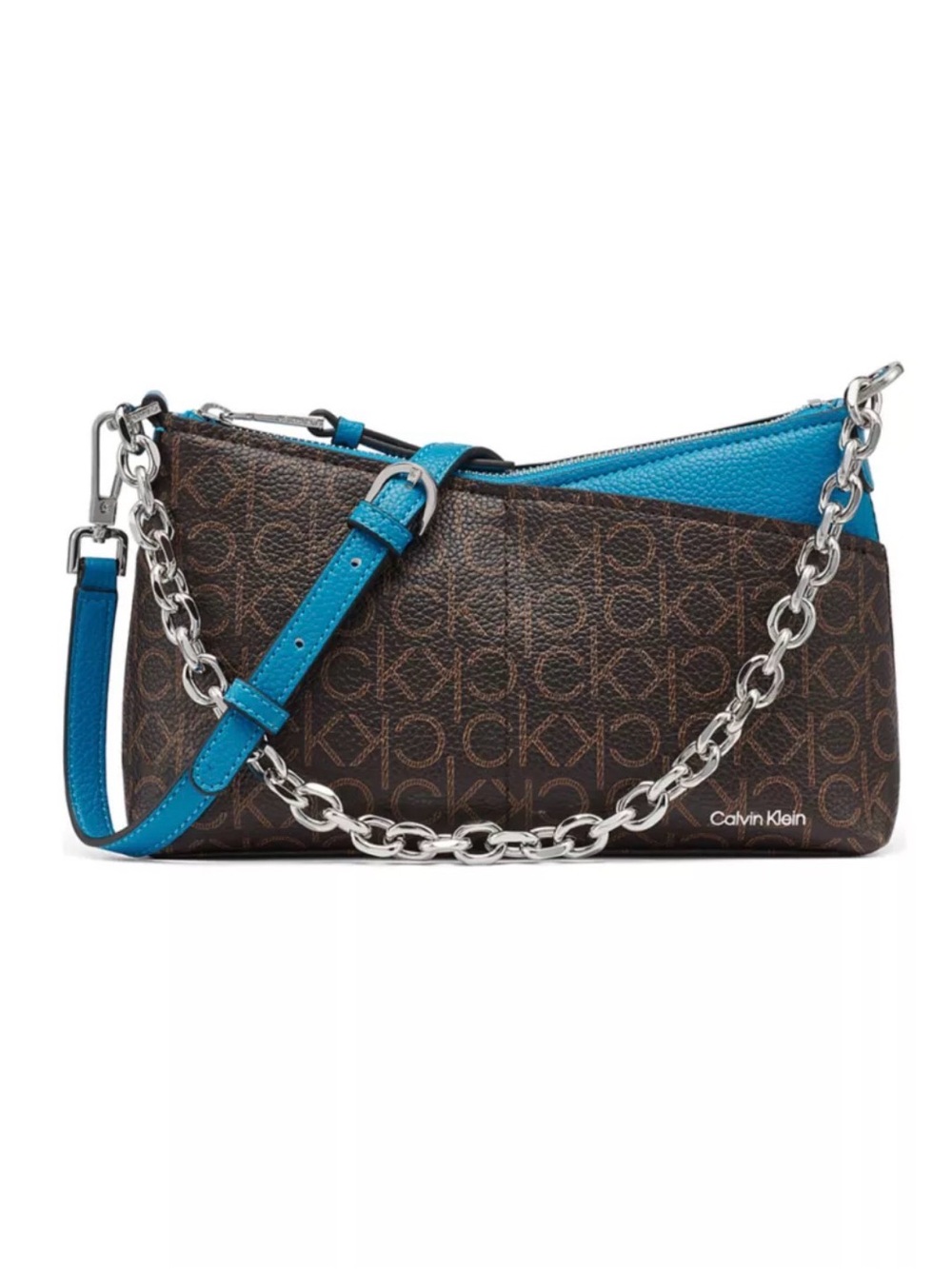 Calvin Klein Brown Monogram Shoulder Bag with Bright Blue Trim